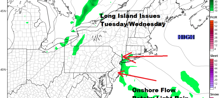 Long Island Onshore Flow Brings Clouds Patchy Rain Tuesday